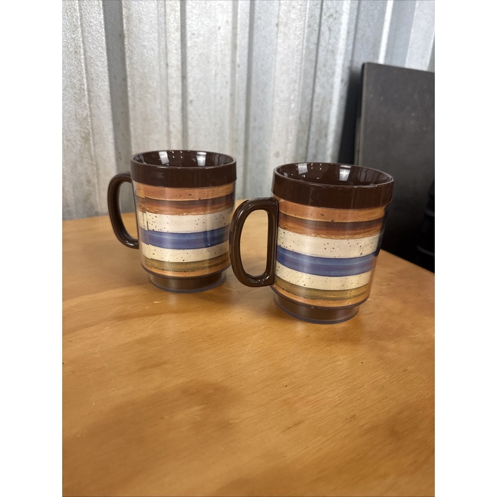 Vintage Thermo Serv Mug Cups 1982 MCM Plastic Retro Brown Striped Design USA 8oz